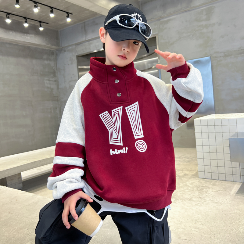 男童立领加绒红色卫衣2025新款中大童秋冬一体绒打底衫儿童上衣潮