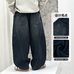 男童加绒牛仔裤秋冬2025新款中大童冬季加厚儿童一体绒裤子阔腿裤