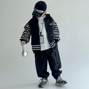 男童潮牌春季连帽外套2026新款痞帅中大童韩版假两件套装男孩春装
