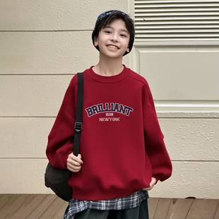 男童红色加绒卫衣秋冬2026新款中大童冬季男孩加厚一体绒打底衫潮