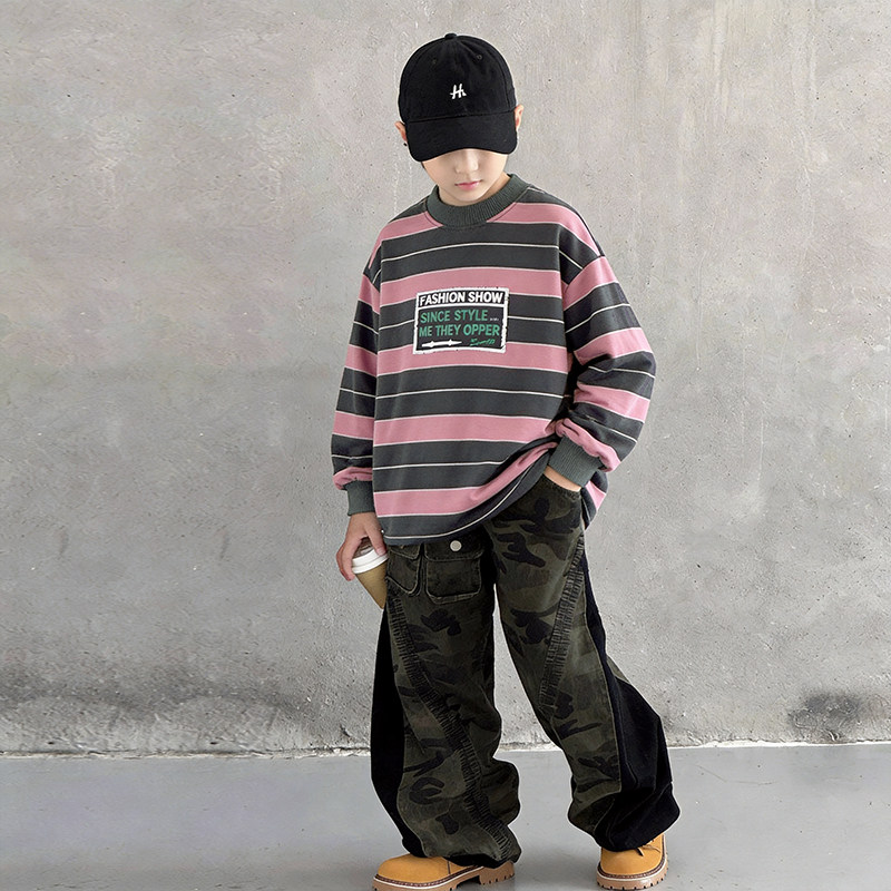 男童春款条纹圆领卫衣2026新款潮流中大童春装宽松儿童春秋季内搭