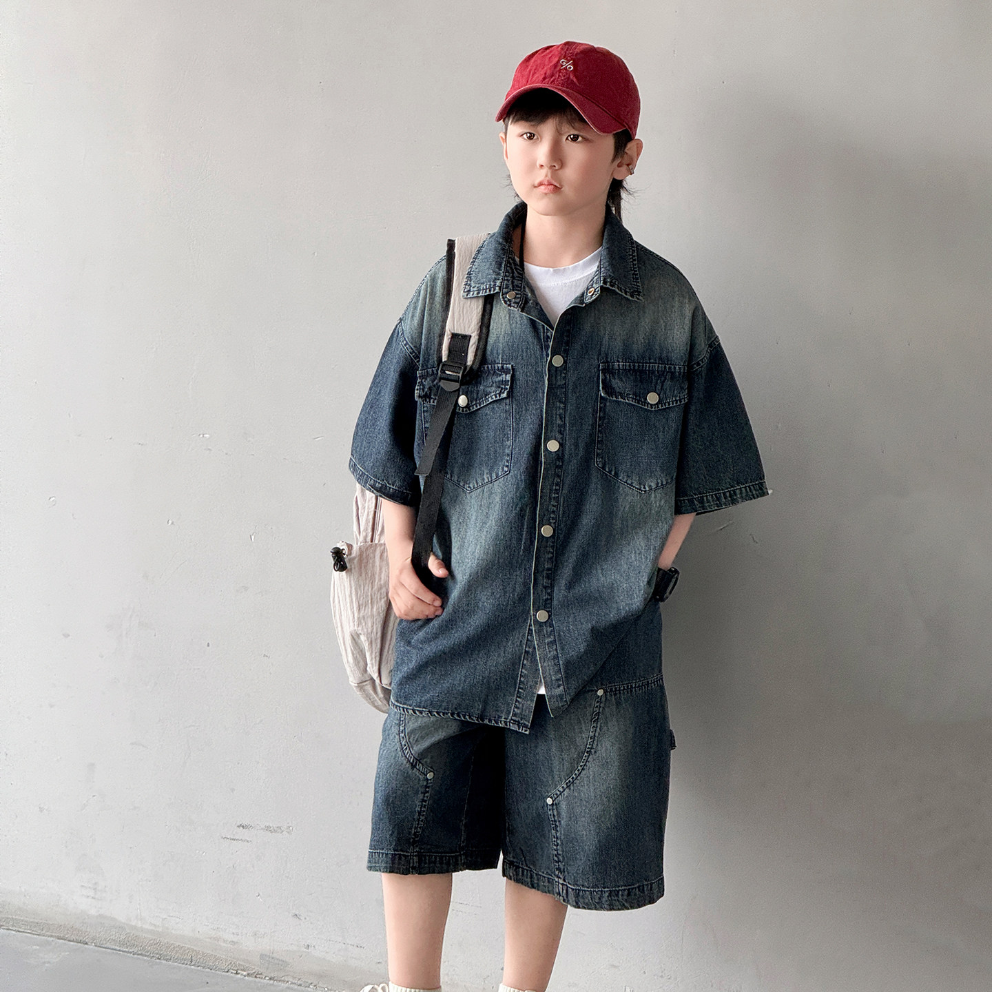 男童夏款牛仔短袖套装2026新款洋气儿童薄款牛仔短袖短裤两件套潮