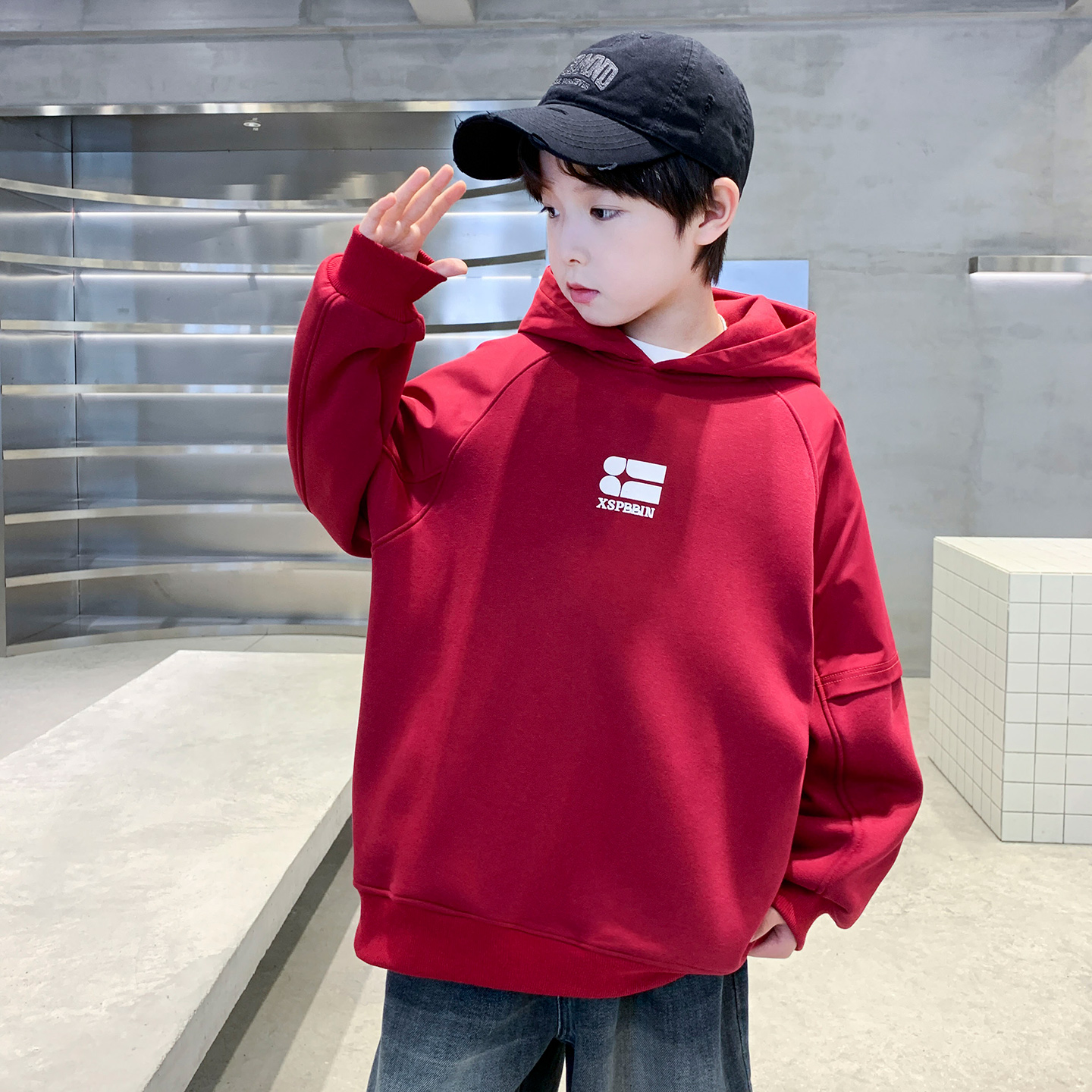 秋冬季男童棉休闲连帽一体绒卫衣