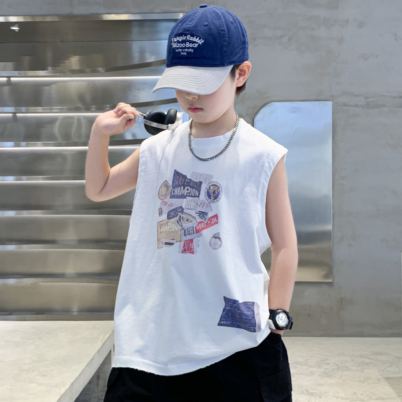 男童无袖短袖夏季2025新款痞帅儿童背心薄款中大童夏装男孩T恤潮