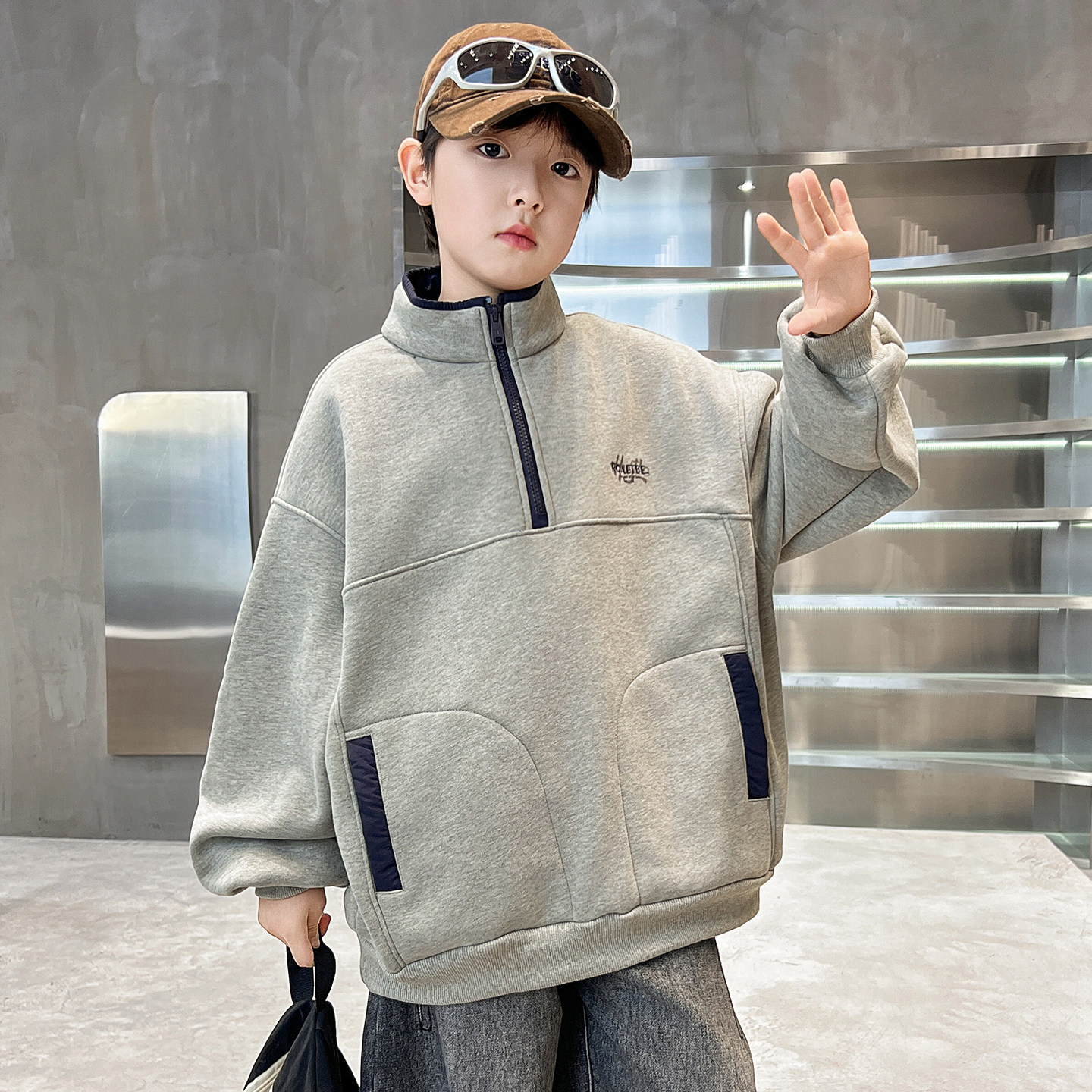 男童半拉链卫衣春秋季2026新款酷帅中大童春款儿童立领上衣内搭潮