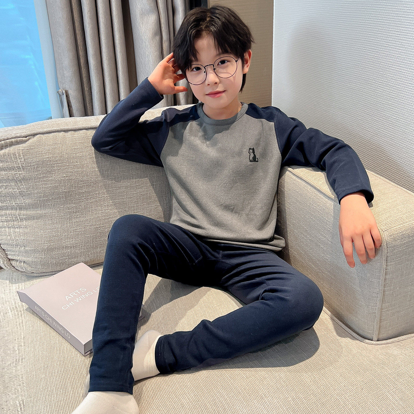 男童磨毛保暖内衣套装2025新款潮中大童男孩秋冬拼色家居服儿童装