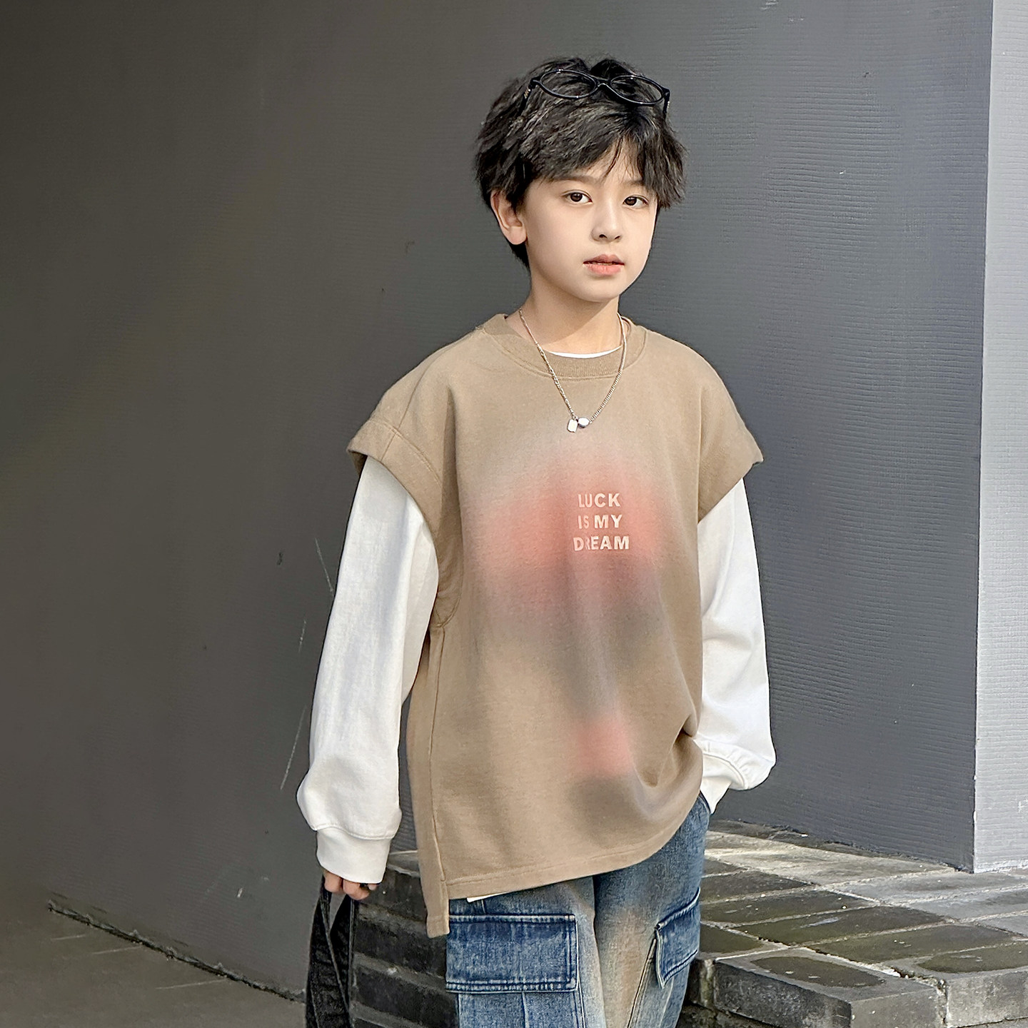 男童真两件卫衣春秋款2026新款痞帅中大童长袖T恤马甲两件套洋气