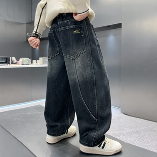 男童一体绒加绒牛仔裤秋冬2025新款儿童冬款弯刀裤中大童加绒裤子