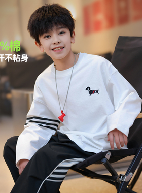 男童纯棉白色T恤春装2026新款潮中大童春季长袖上衣儿童春秋内搭T