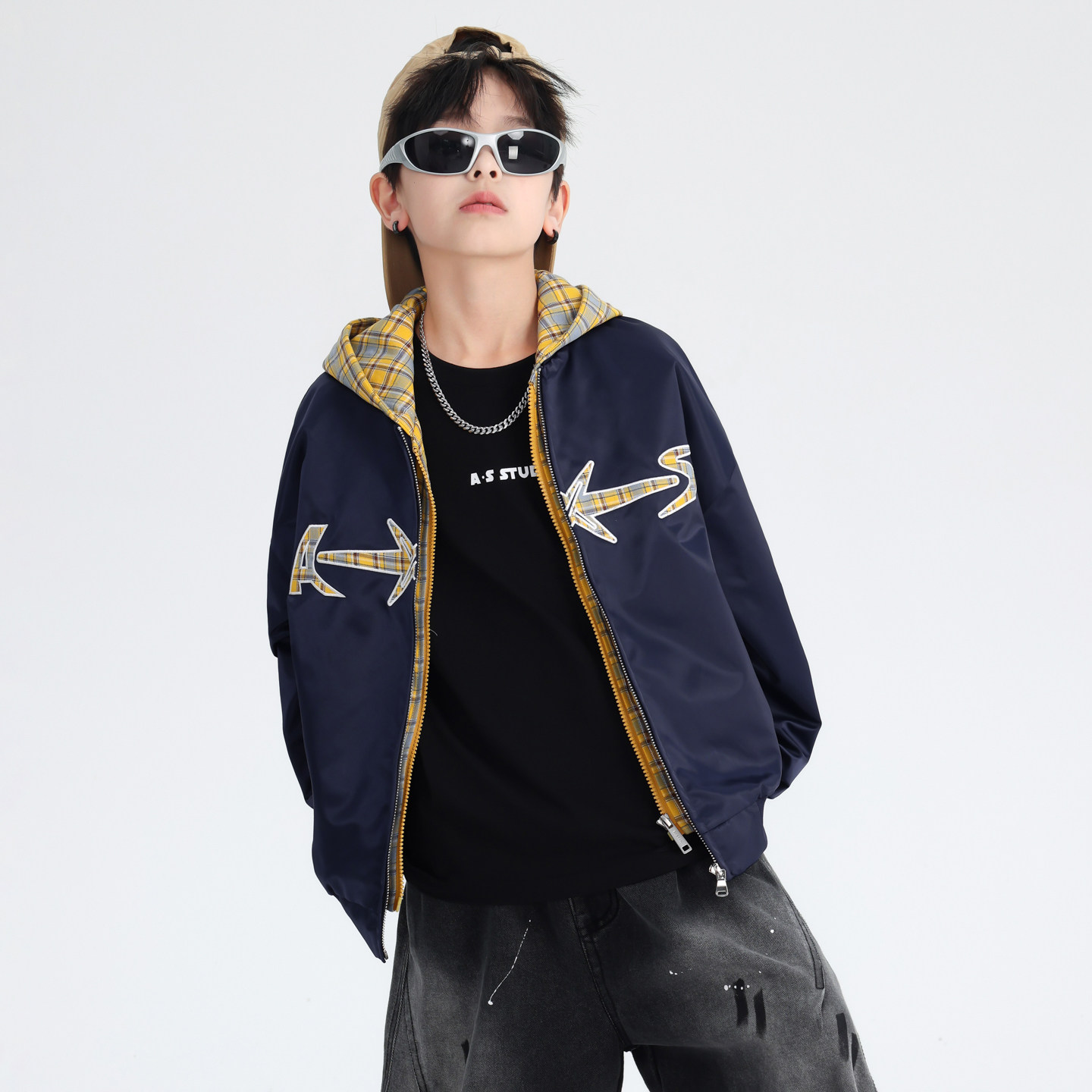 男童假两件连帽外套春款2026新款痞帅中大童春季夹克潮儿童衣服帅