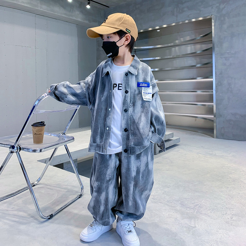 休闲牛仔布两件春秋季吊染套装潮
