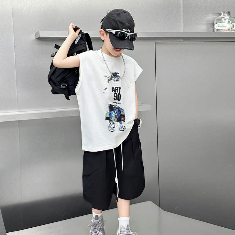 男童夏季卡通背心套装2025新款酷帅儿童无袖T恤薄款中大童坎肩T潮