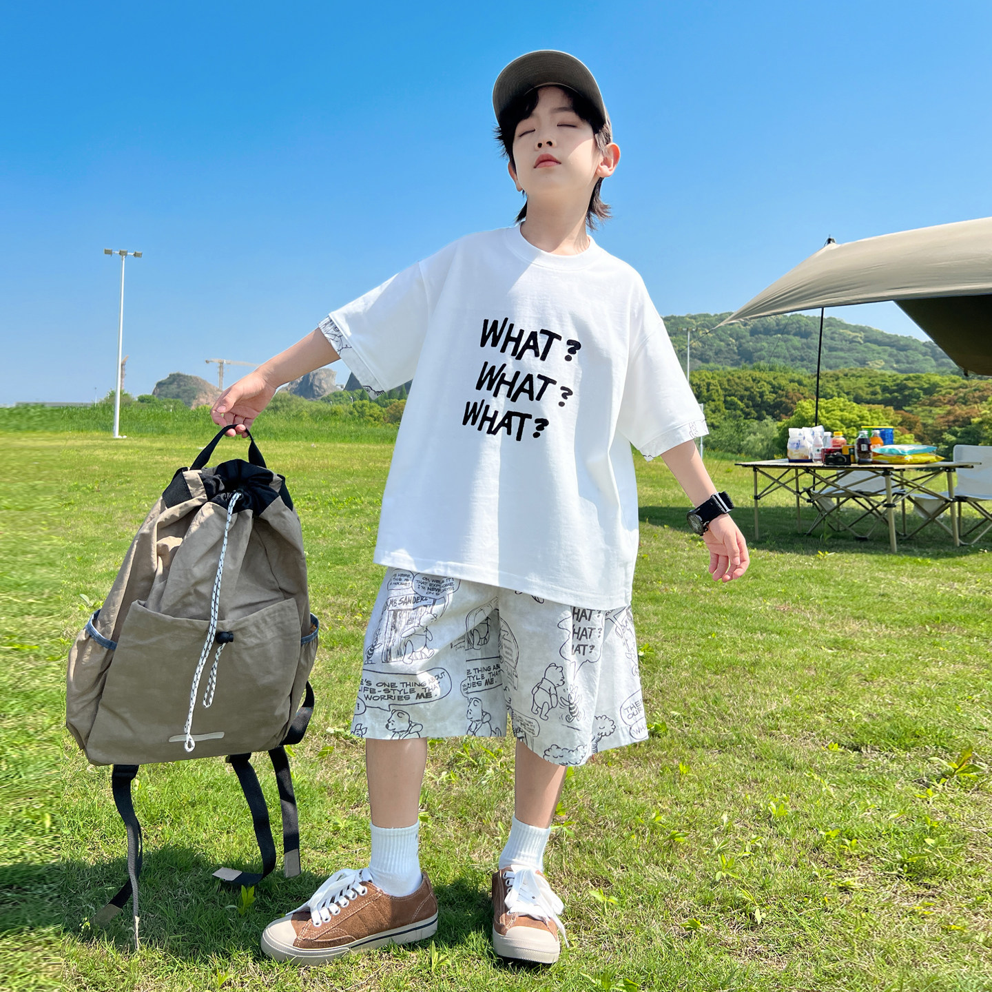 休闲棉混两件夏季字母印花套装潮
