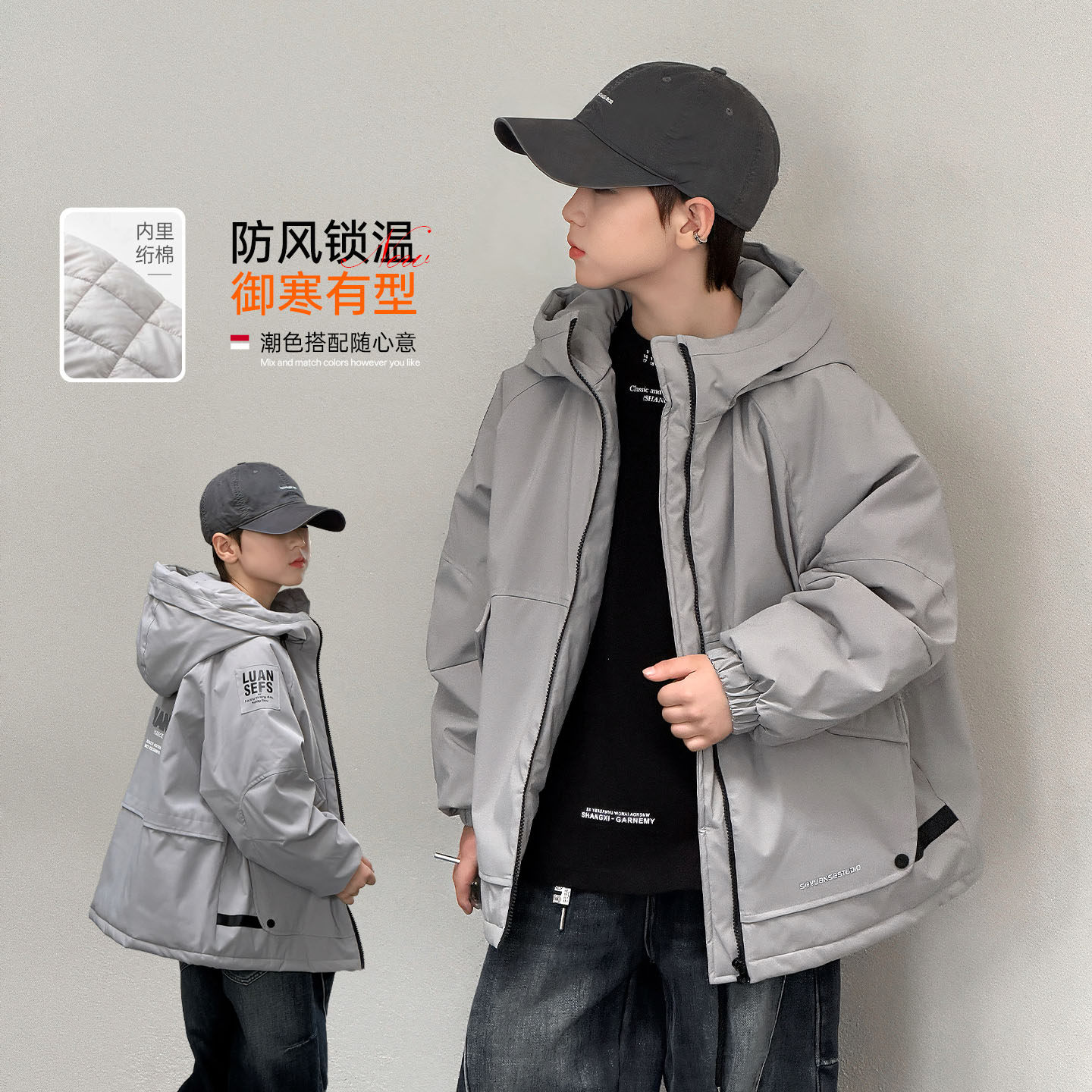男童加厚冬季夹棉棉服连帽派克服