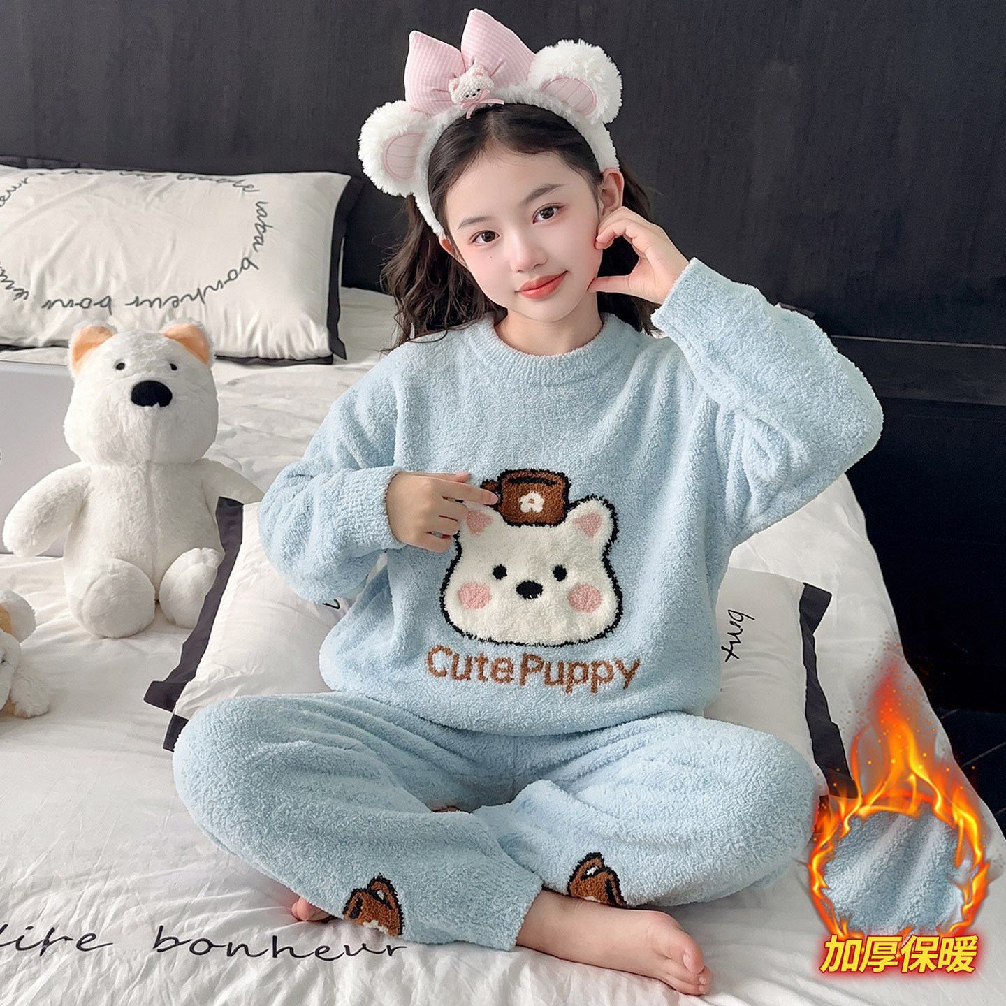 半边绒棉秋冬季刺绣家居服保暖潮