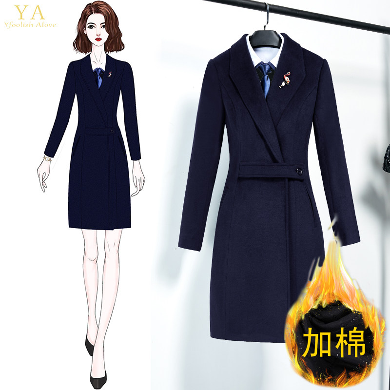 冬季新款职业女装修身高端保暖加棉羊毛呢大衣酒店前台客服工作服