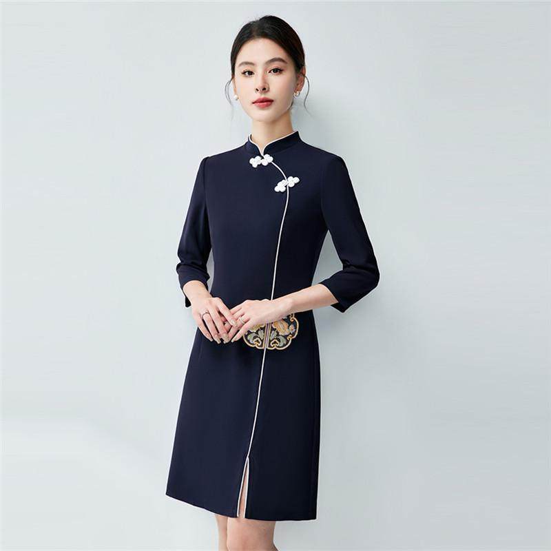 新中式七分袖刺绣旗袍会所工作服