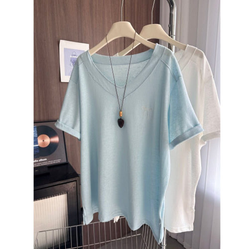 白色V领宽松大版短袖T恤女春夏