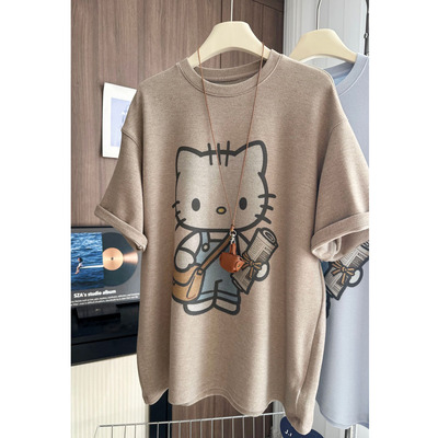 helloKitty印花德绒磨毛加厚宽松冬季短袖韩版女式青春打底T恤衫