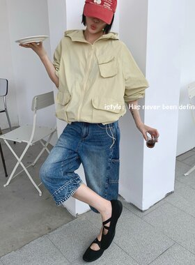 韩版istyle连帽口袋防晒衣女宽松休闲百搭拉链外套小个子夏季薄款