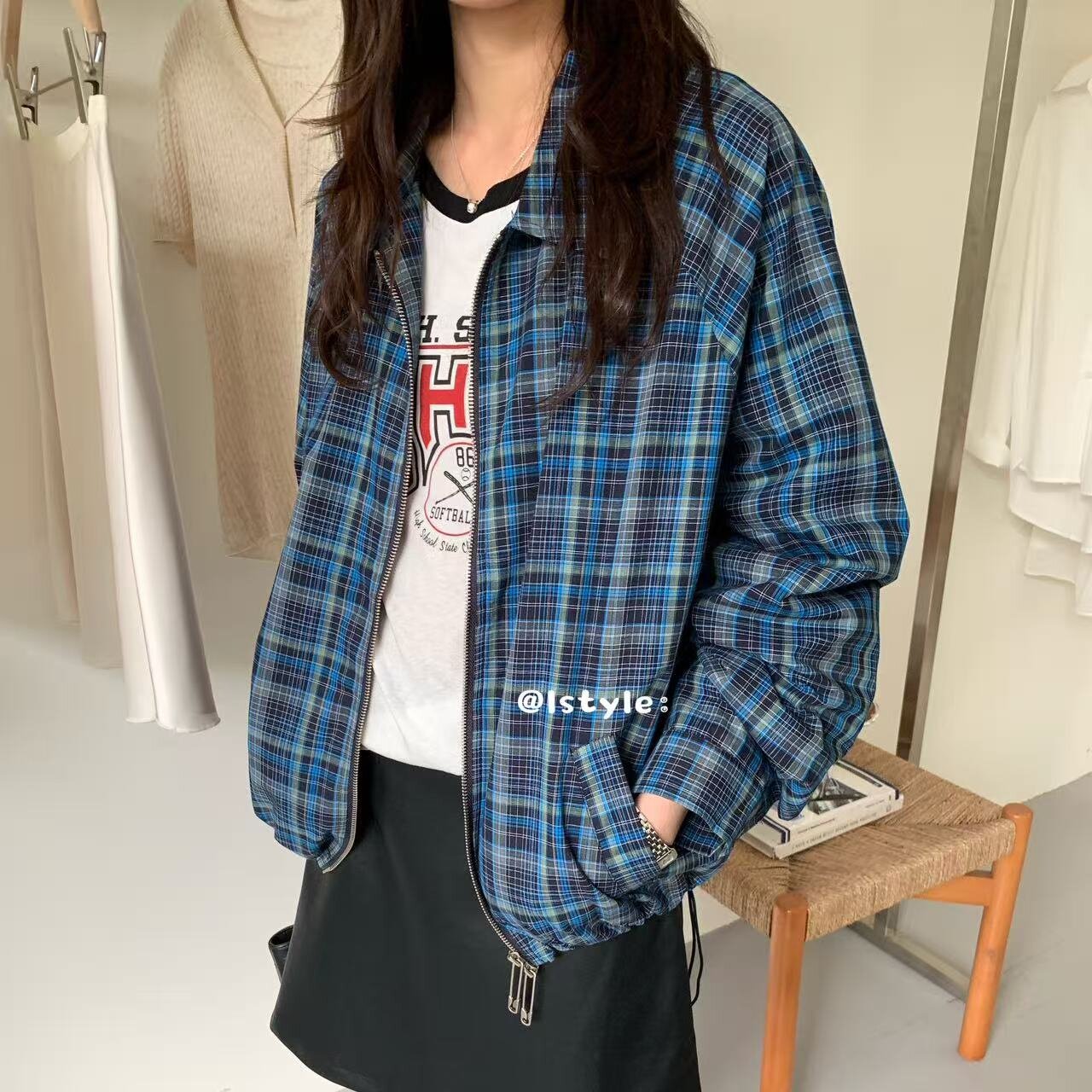 2026秋季istyle韩国美式格子风短外套女宽松休闲拉链夹克长袖百搭