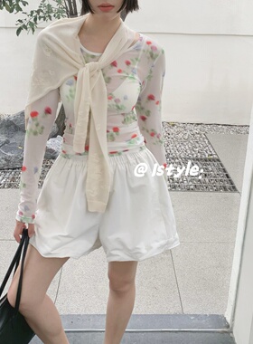 2026春夏istyle韩国新款长袖圆领冰丝网纱防晒衫甜美印花薄款T恤