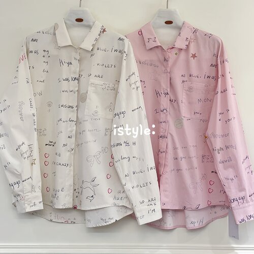 istyle春装新款韩版字母印花长袖粉色衬衫女宽松小众洋气衬衣潮