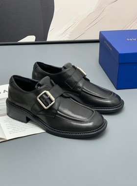 2025春季新款乐福鞋中性头层女英伦风小皮鞋复古粗跟黑色牛皮单鞋