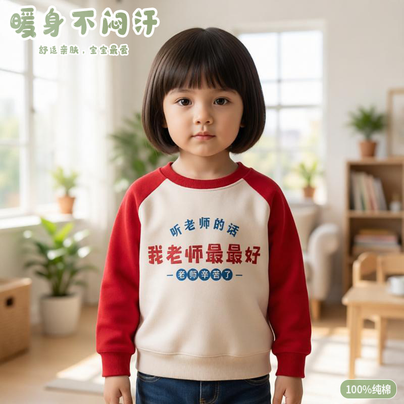 我老师最最 好卫衣儿童装纯棉宝宝上衣加绒复古趣味文字洋气百搭