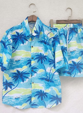海南岛服沙滩服短袖套装男士涤纶速干面料夏威夷风格花衬衫