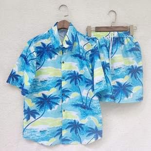 海南岛服沙滩服短袖套装男士涤纶速干面料夏威夷风格花衬衫