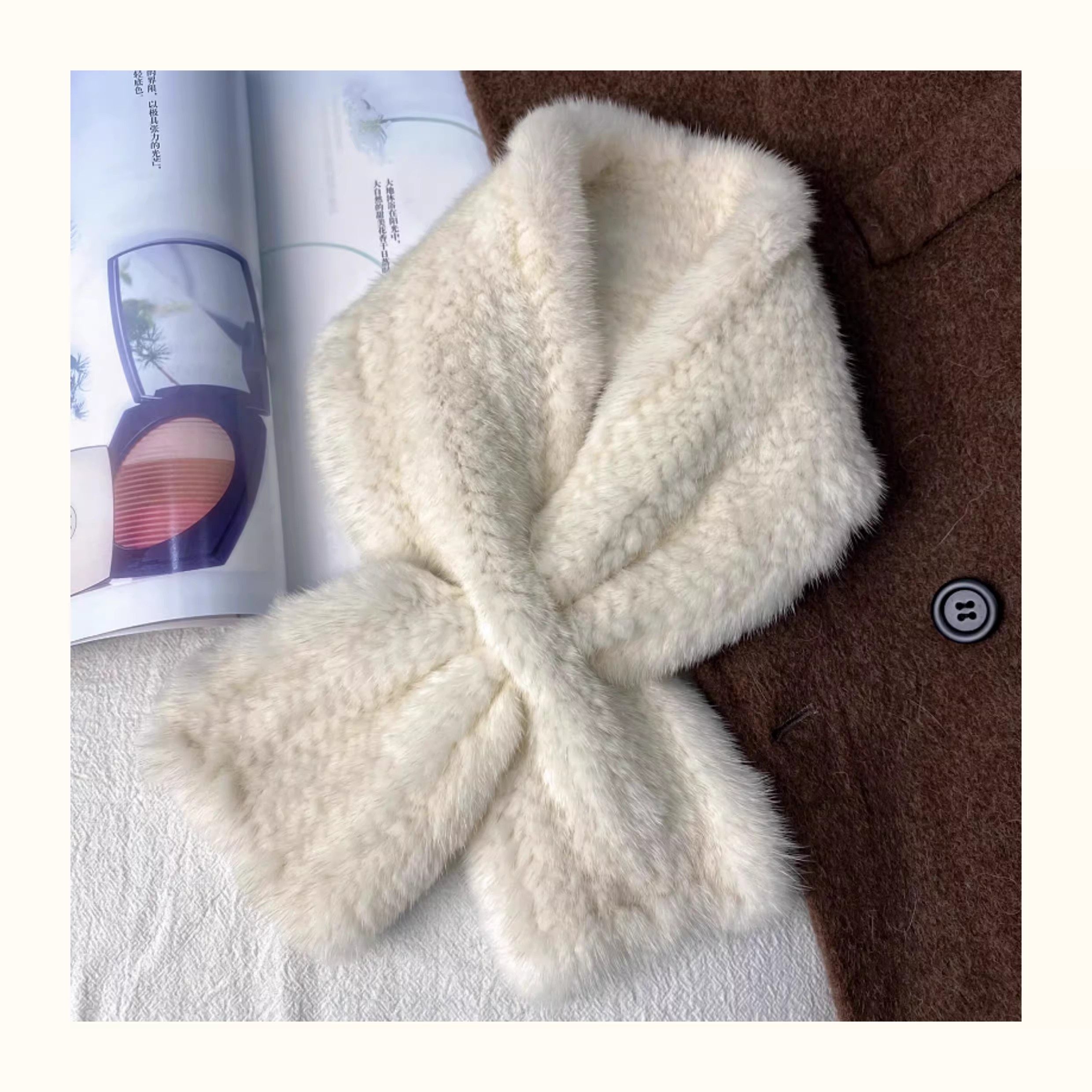 韩版水貂毛编织交叉保暖皮草围巾简约天鹅绒百搭女毛围脖真毛冬季