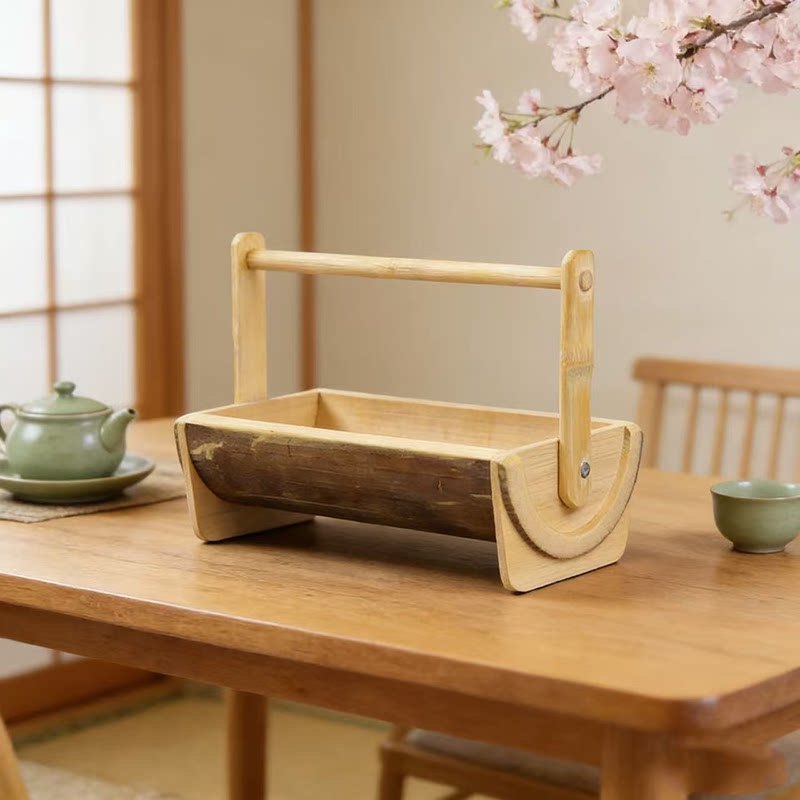 实木手工竹制手提收纳篮家用干果盘木质糖果盒分格托盘