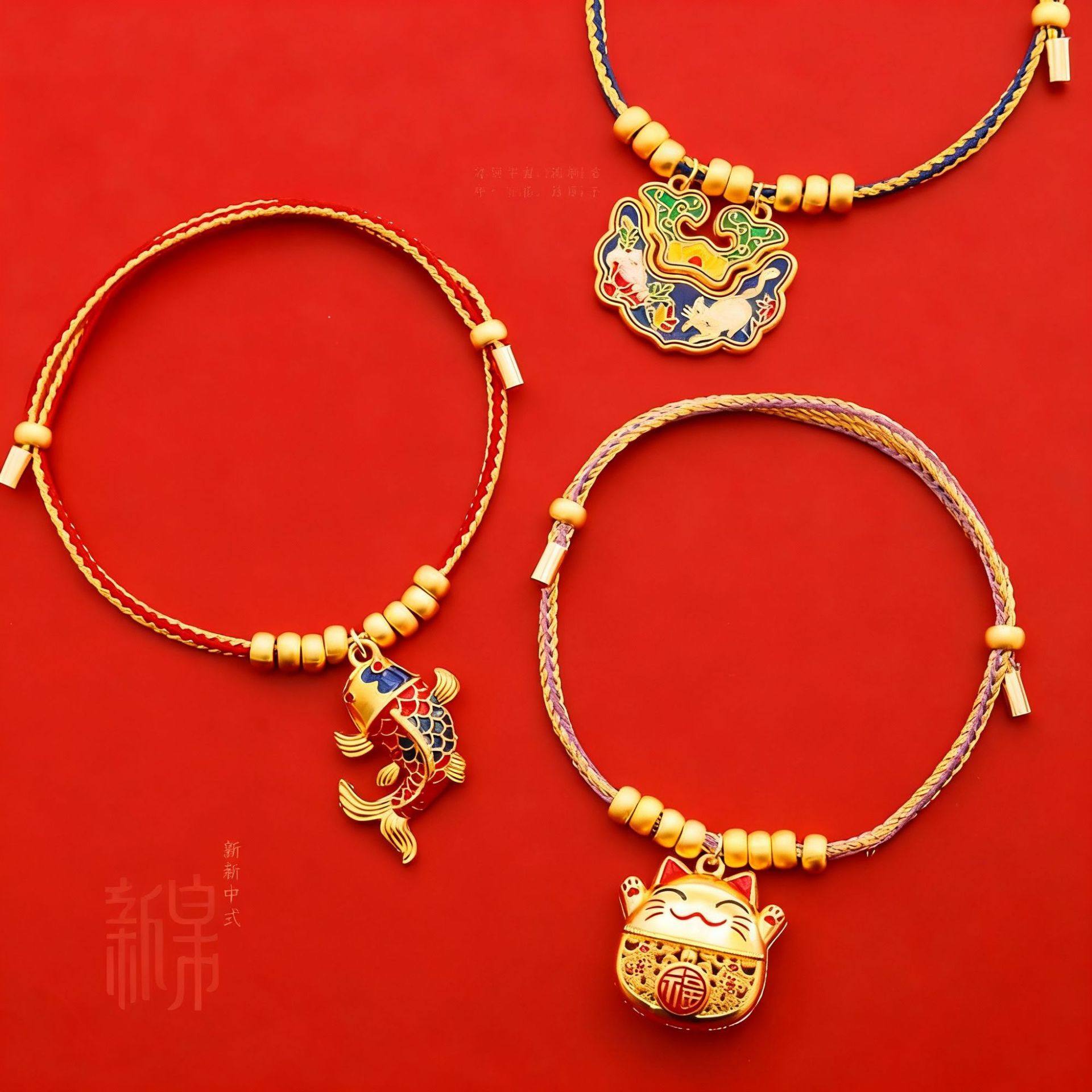 新中式保色沙金合金锦鲤招财猫宠物新年编绳项圈春节猫咪狗狗项链