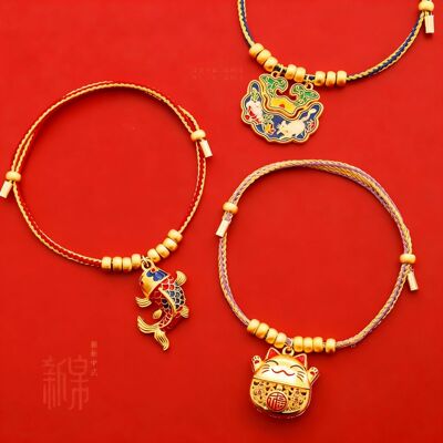 新中式保色沙金合金锦鲤招财猫宠物新年编绳项圈春节猫咪狗狗项链
