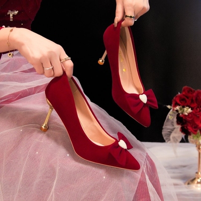 红色高跟鞋女式2024年新款玛丽珍浅口单鞋女鞋方口粗细跟秀禾鞋子