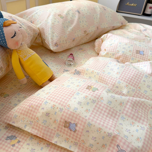 韩系可爱粉格小熊全棉床单被套单件纯棉床笠枕套学生宿舍支持定制