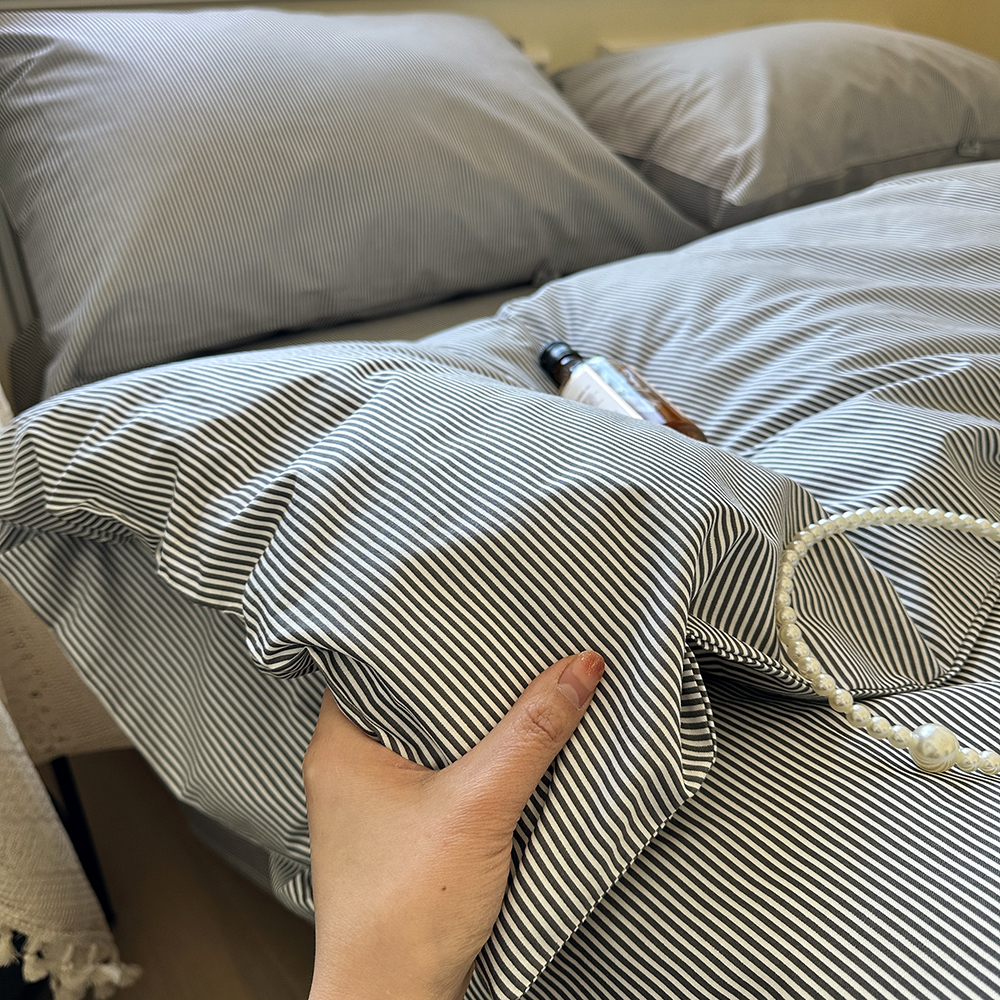 灰白条纹纯棉100简约亲肤床单床笠被套单件枕套全棉被罩床上用品3