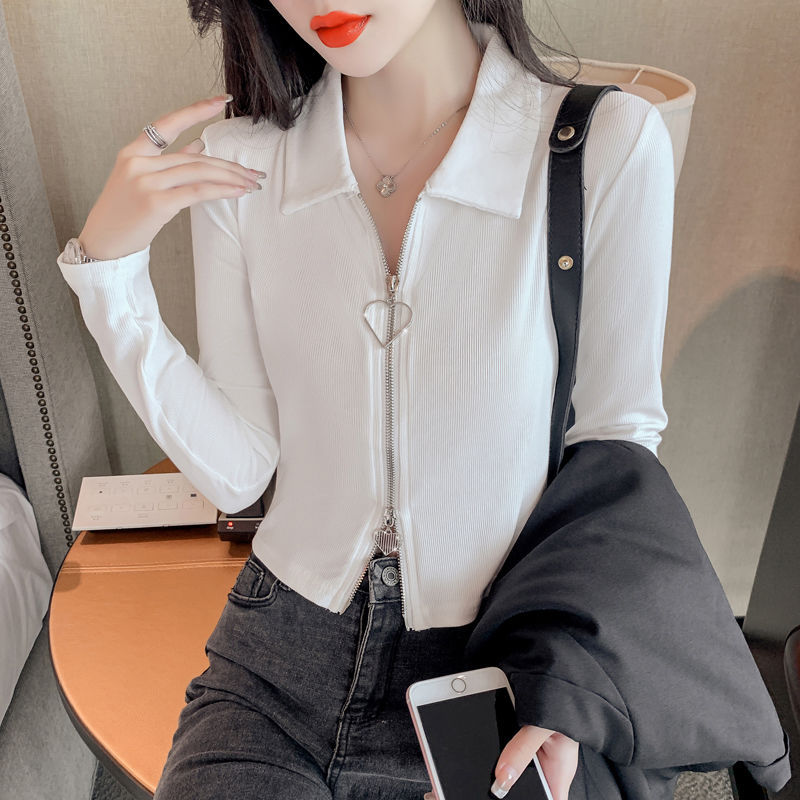 纯棉Polo领双拉链长袖T恤女春秋修身短款翻领洋气显瘦上衣遮肉