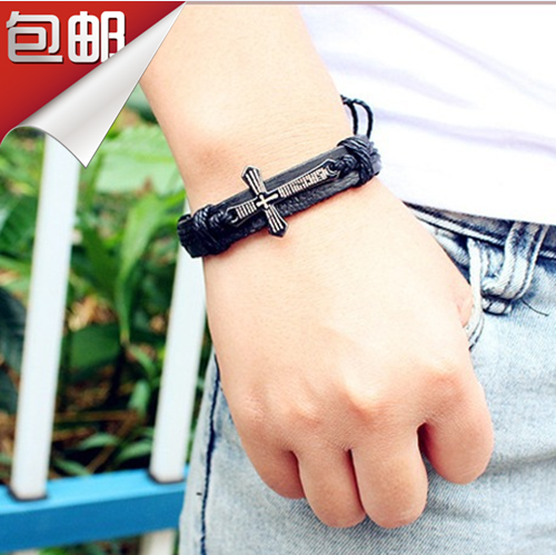 男士金属牛皮圣经十字架手环包邮