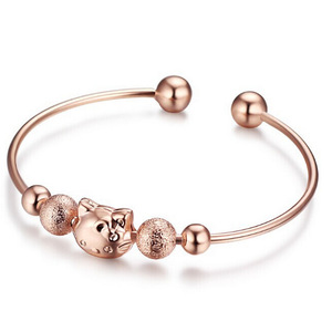 手环玫瑰金开口磨砂珠 卡通凯蒂猫头hello Kitty黄金手镯子少女款