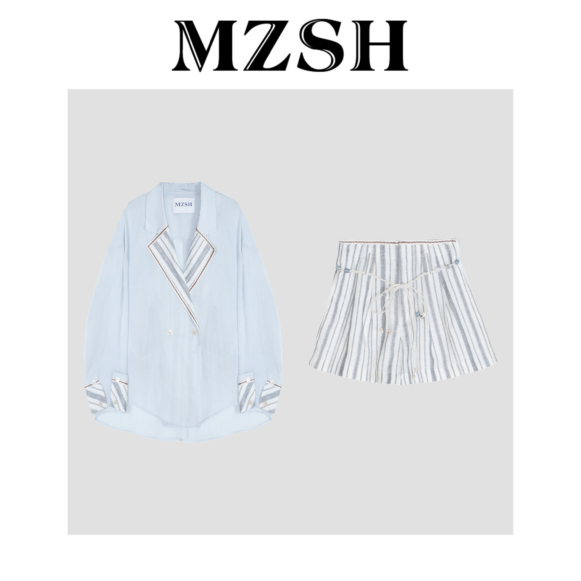 设计拼接翻领条纹卷边袖薄西装短裤套装DLMZSH238