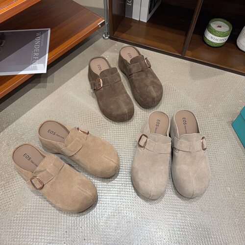 26120-1秋季新品女真皮厚底包头一字带勃肯拖鞋休闲韩版增高6cm潮
