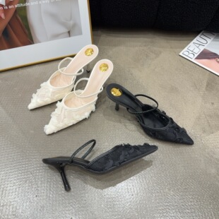 093-5夏季新品女细高跟包头网面尖头拖鞋时尚气质跟高7cm