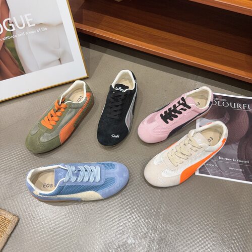25033-11夏季新品女真皮拼接网面圆头软底舒适透气德训系带休闲鞋