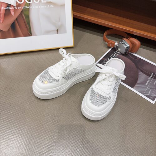 03-31夏季新品女真皮拼接网面水钻系带小白包头休闲鞋增高6cm韩版