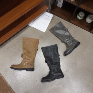 55-1秋季新品女圆头低跟皮带扣韩版时装靴一脚蹬高帮筒靴骑士靴潮