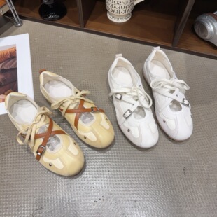 6506秋季新品女真皮圆头平底休闲鞋简约韩版交叉绑带女鞋网红同款