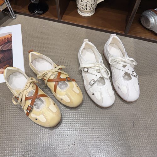 6506秋季新品女真皮圆头平底休闲鞋简约韩版交叉绑带女鞋网红同款