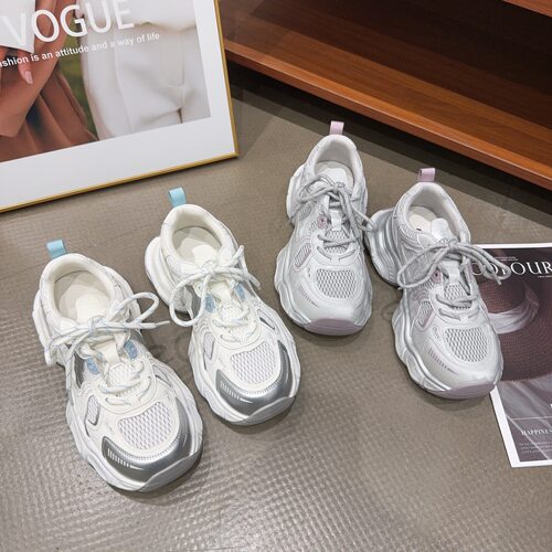 367-2夏季新品女真皮拼接网面厚底轻盈老爹鞋系带休闲鞋舒适透气